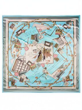 2/$30 Vintage Style Silk Square Scarf Turquoise Letter Postcard Print Large 90cm